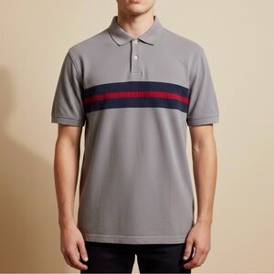 Vintage 100% Cotton Old Navy Gray Polo with Red and Blue Stripes – Men’s Size M